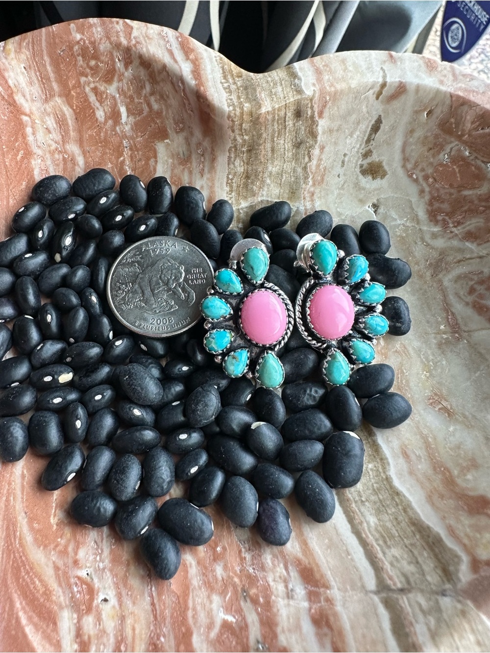 Pink Conch & Turquoise Sterling Silver Post Stud Half Cluster Earrings 💕